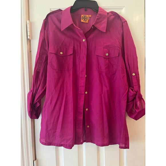 Tory Burch Button Down Women 14 Sheer Cotton Resort Lightweight Preppy Summer - Picture 1 of 12